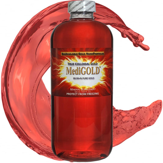 MediGOLD True Colloidal Gold AuNP 500 mL bottle in clear BPA-free packaging