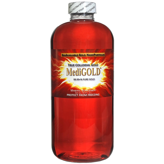 Close-up of MediGOLD colloidal gold solution with 20 ppm .9999+ pure gold nanoparticles