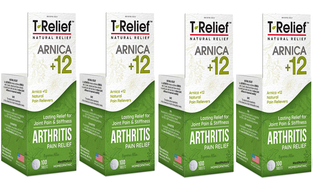 MediNatura T-Relief arthritis tablets bottle highlighting natural relief potential.