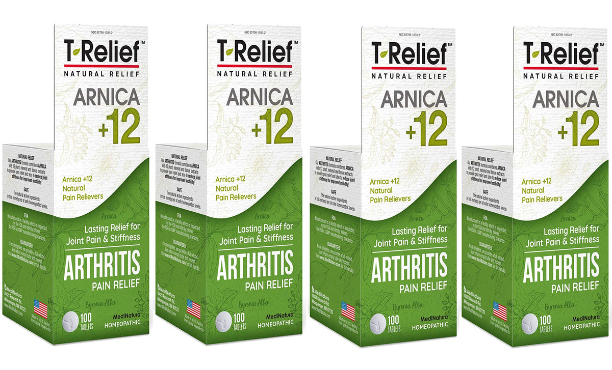 MediNatura T-Relief arthritis tablets bottle highlighting natural relief potential.