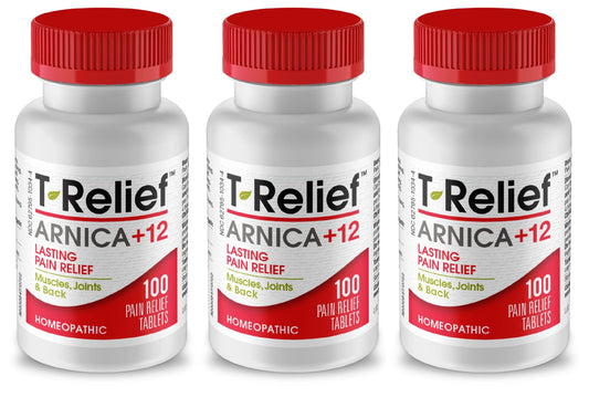 MediNatura T-Relief bottle top shows easy-dose tablets for quick relief routines.