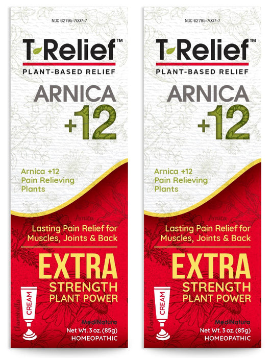 MediNatura T-Relief cream bottle front with two-pack for quick comfort