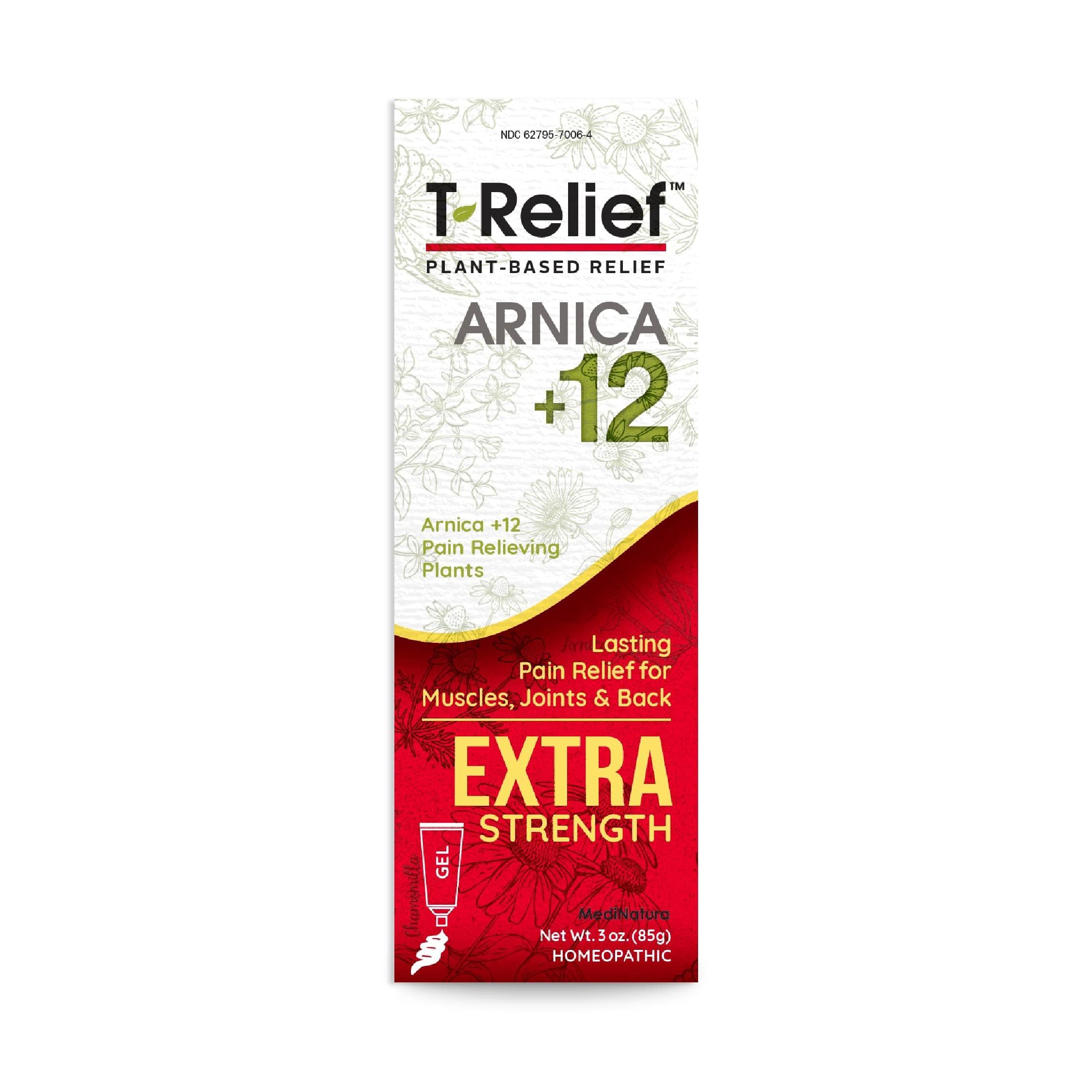 MediNatura T-Relief Arnica gel bottle application for fast-acting relief.