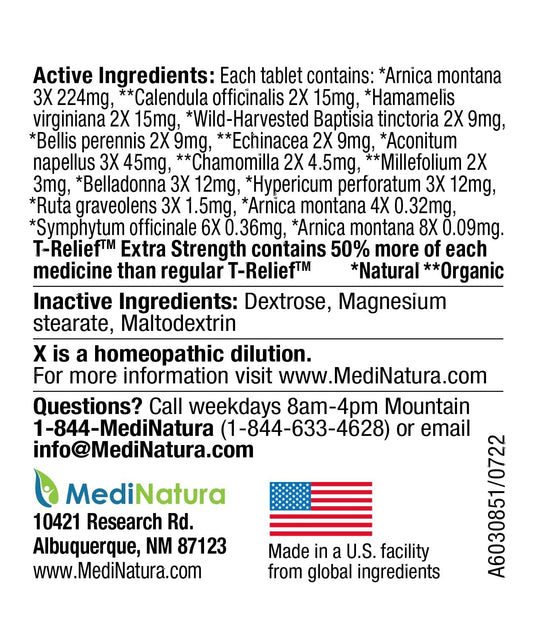 MediNatura T-Relief label close-up highlights Arnica and plant-based actives.
