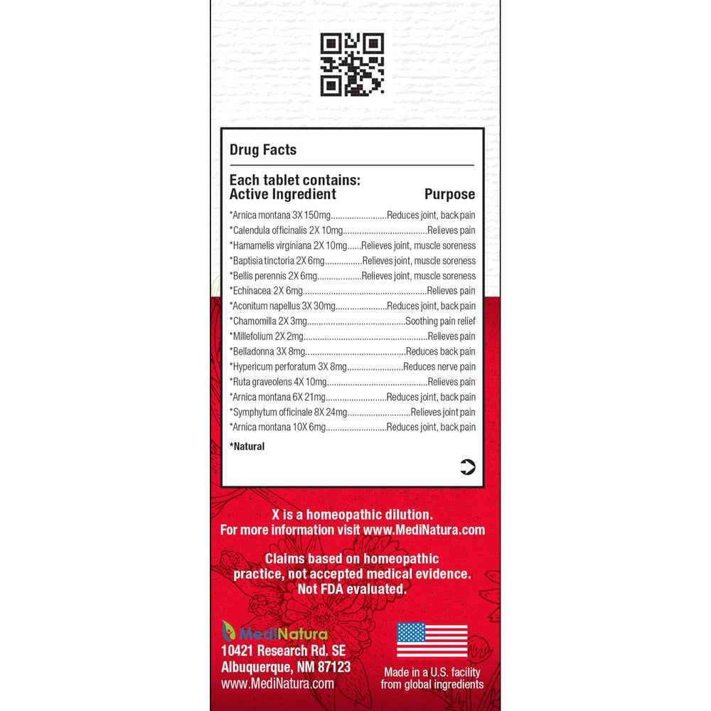 MediNatura T-Relief natural actives ingredients list featuring Arnica and Calendula for natural support.