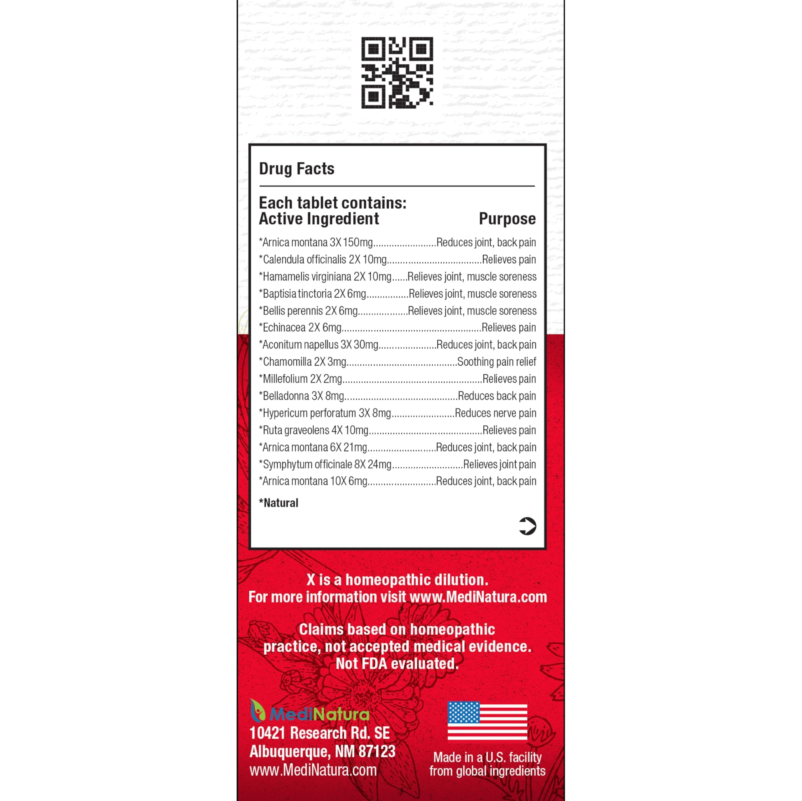 MediNatura T-Relief natural actives ingredients list featuring Arnica and Calendula for natural support.