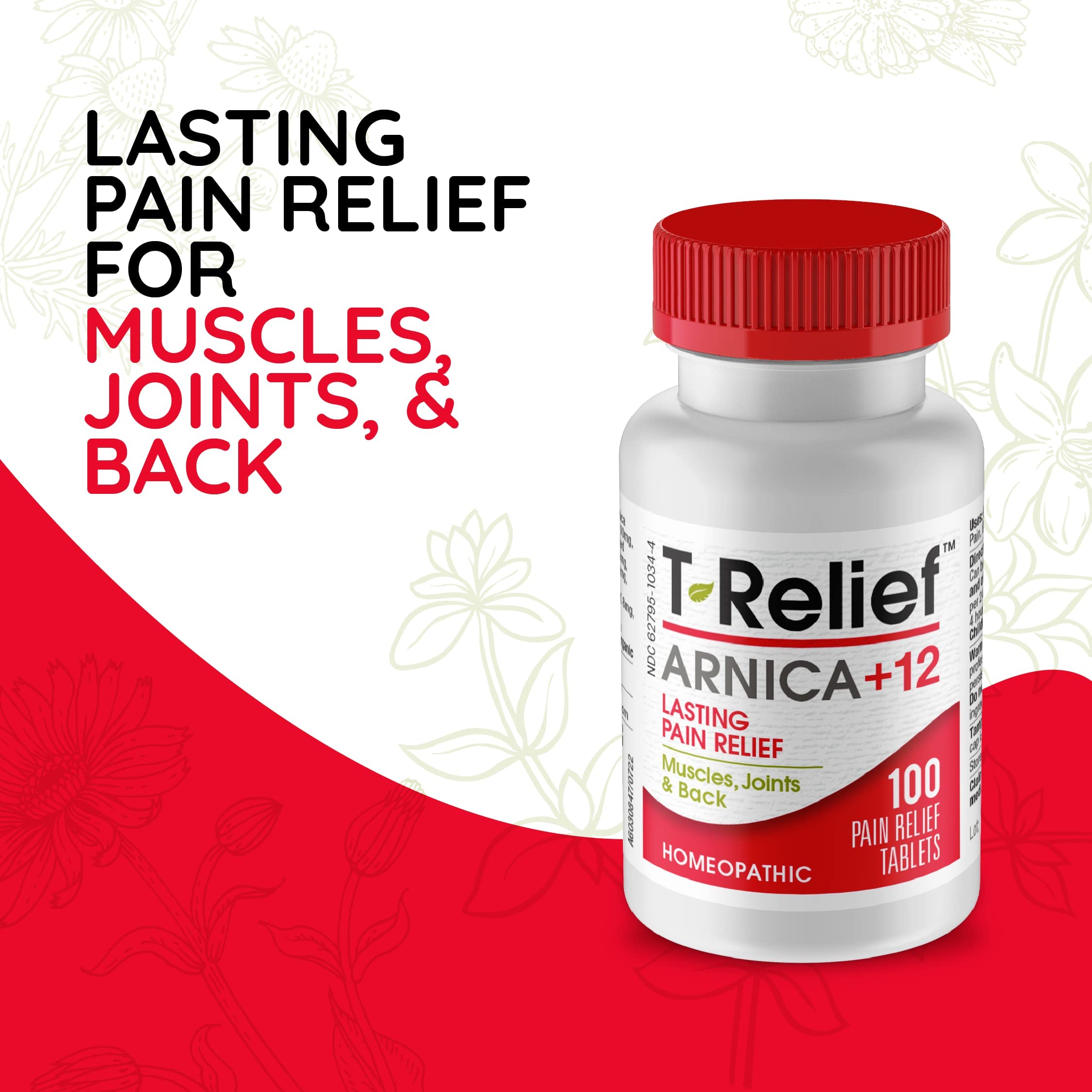 MediNatura T-Relief tablets close-up highlights Arnica and other actives for holistic relief.
