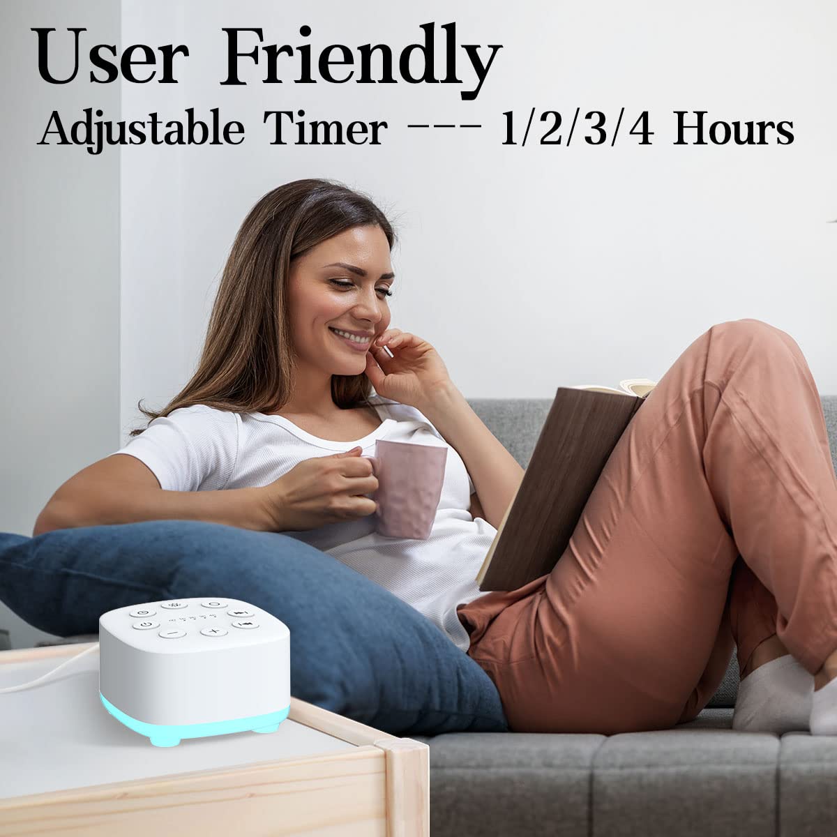 Meditation white noise machine timer function demonstrates four auto-off options