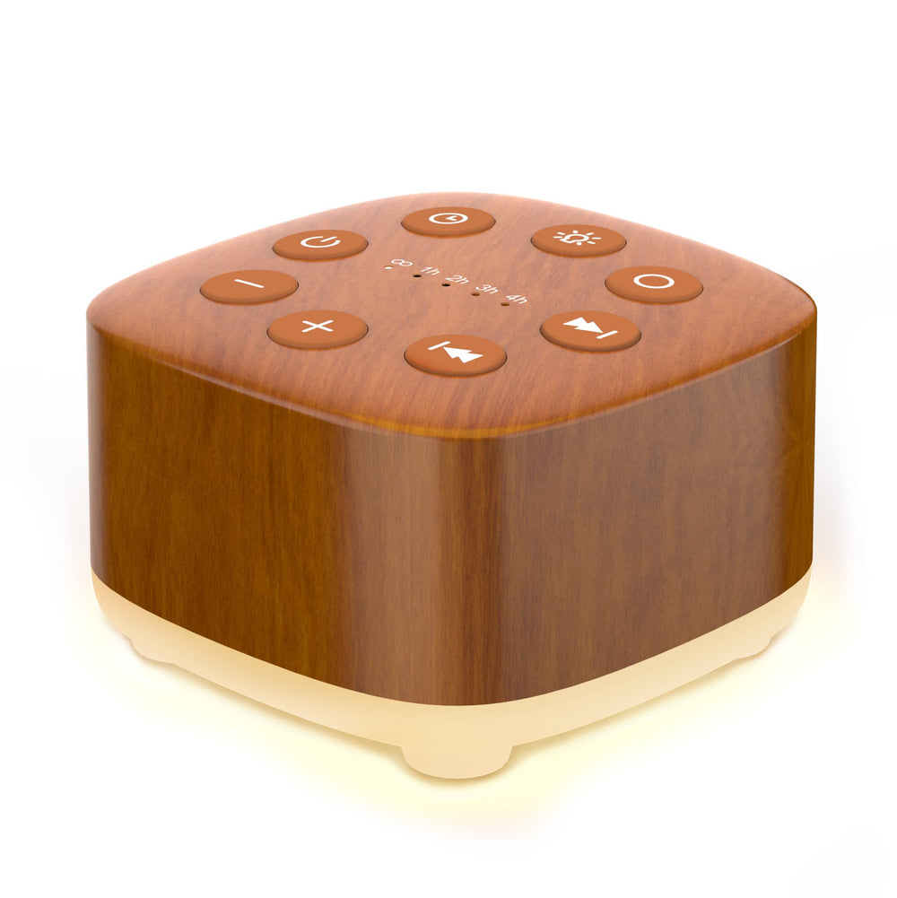 Meditation white noise machine wood grain front view for sleep support and focus.