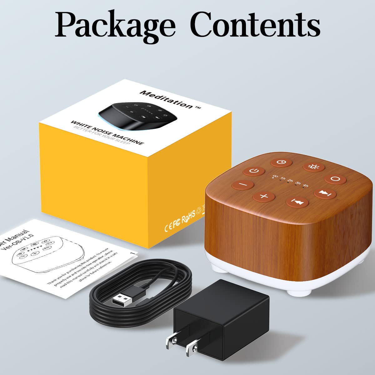Meditation white noise machine wood grain portable size fits purse or bag.