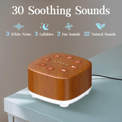 Meditation white noise machine wood grain side panel highlights portable travel design.