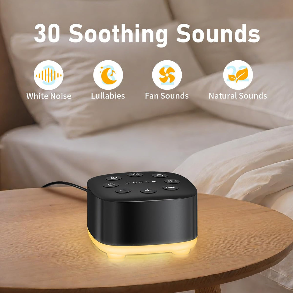 Meditation White Noise Machine rain sound highlights soothing environment for babies and adults.