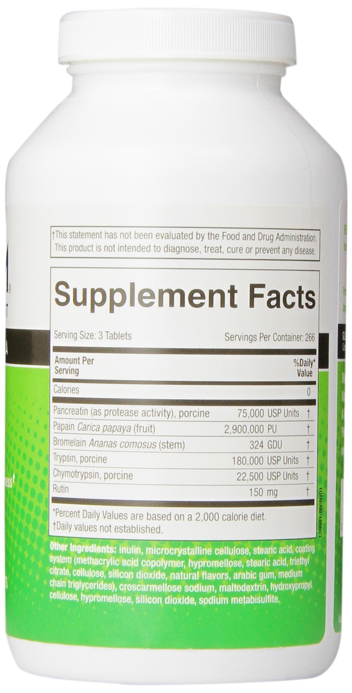 Ingredients list for Medizym Systemic Enzyme including bromelain, papain, pancreatin, trypsin, chymotrypsin and rutin