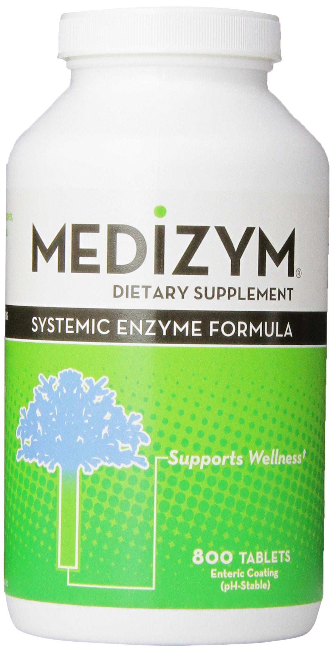 Medizym Systemic Enzyme 800 tablets in a bottle showing yellowish-green/tan tablets