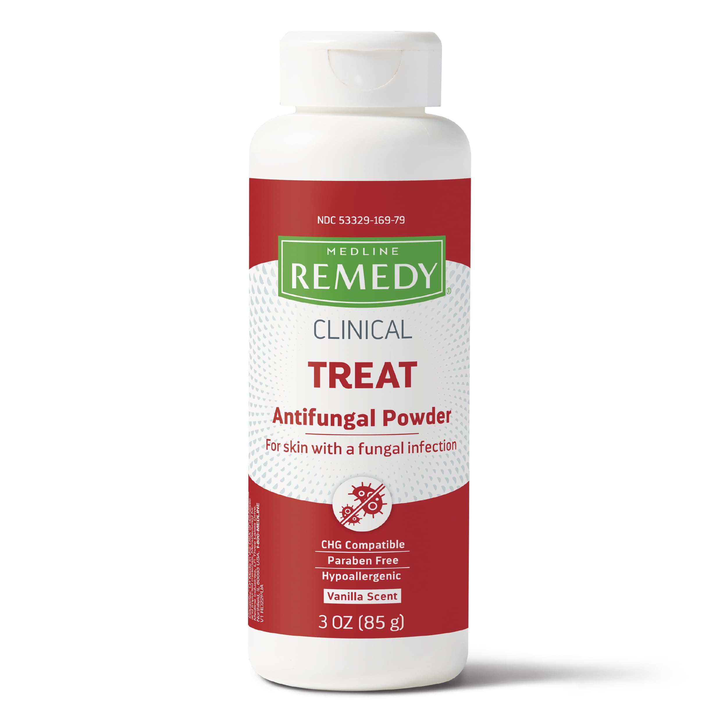 Medline Remedy antifungal powder bottle demonstrates targeted treatment for athlete's foot and ringworm