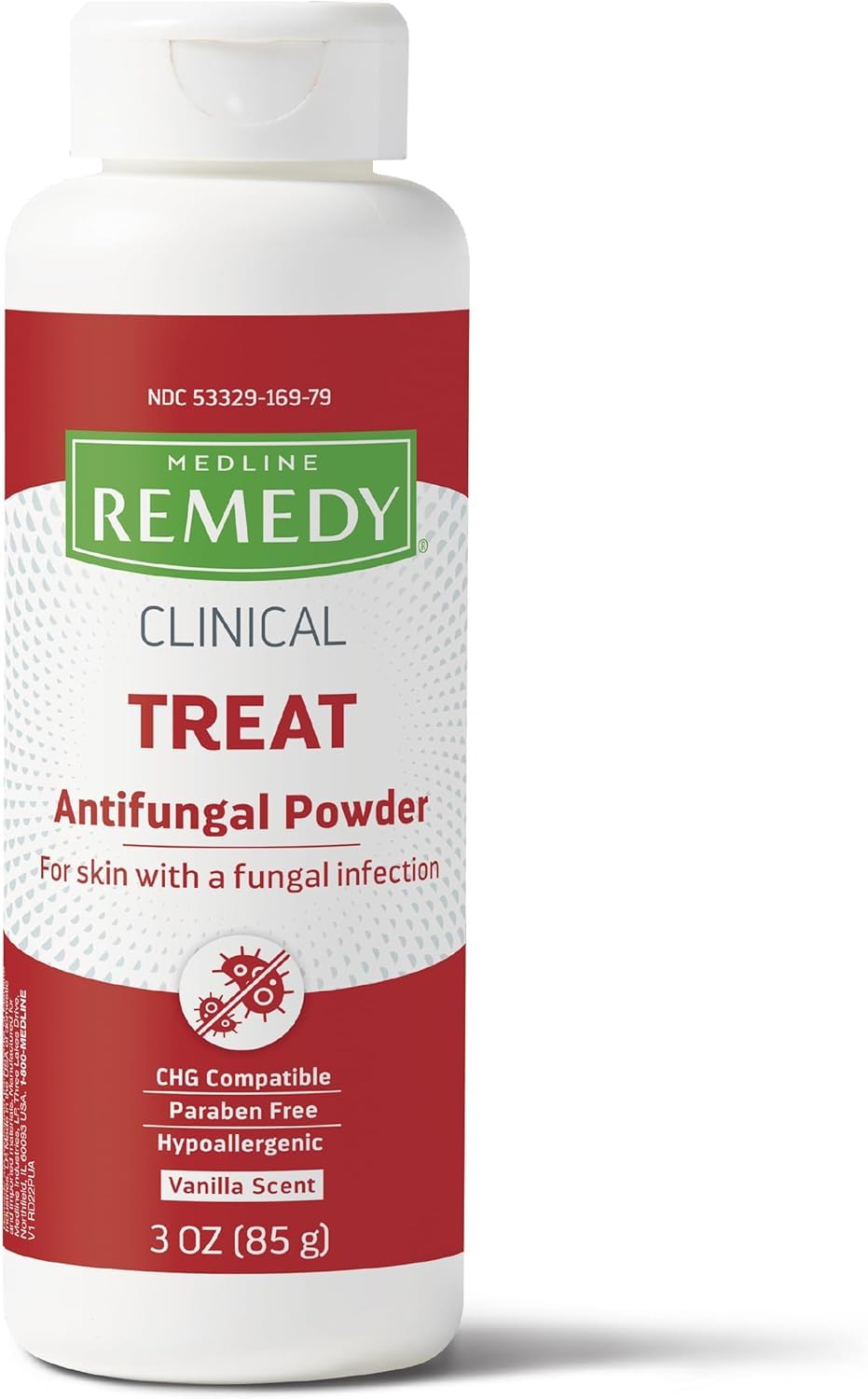 Medline Remedy Phytoplex antifungal powder bottle shows 3oz size and miconazole nitrate for fungal relief.