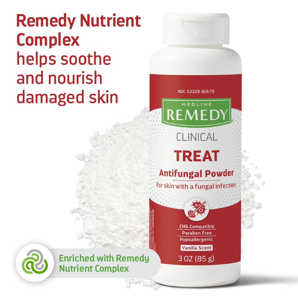 Medline Remedy talc-free powder pouring shows smooth flow and extended wear