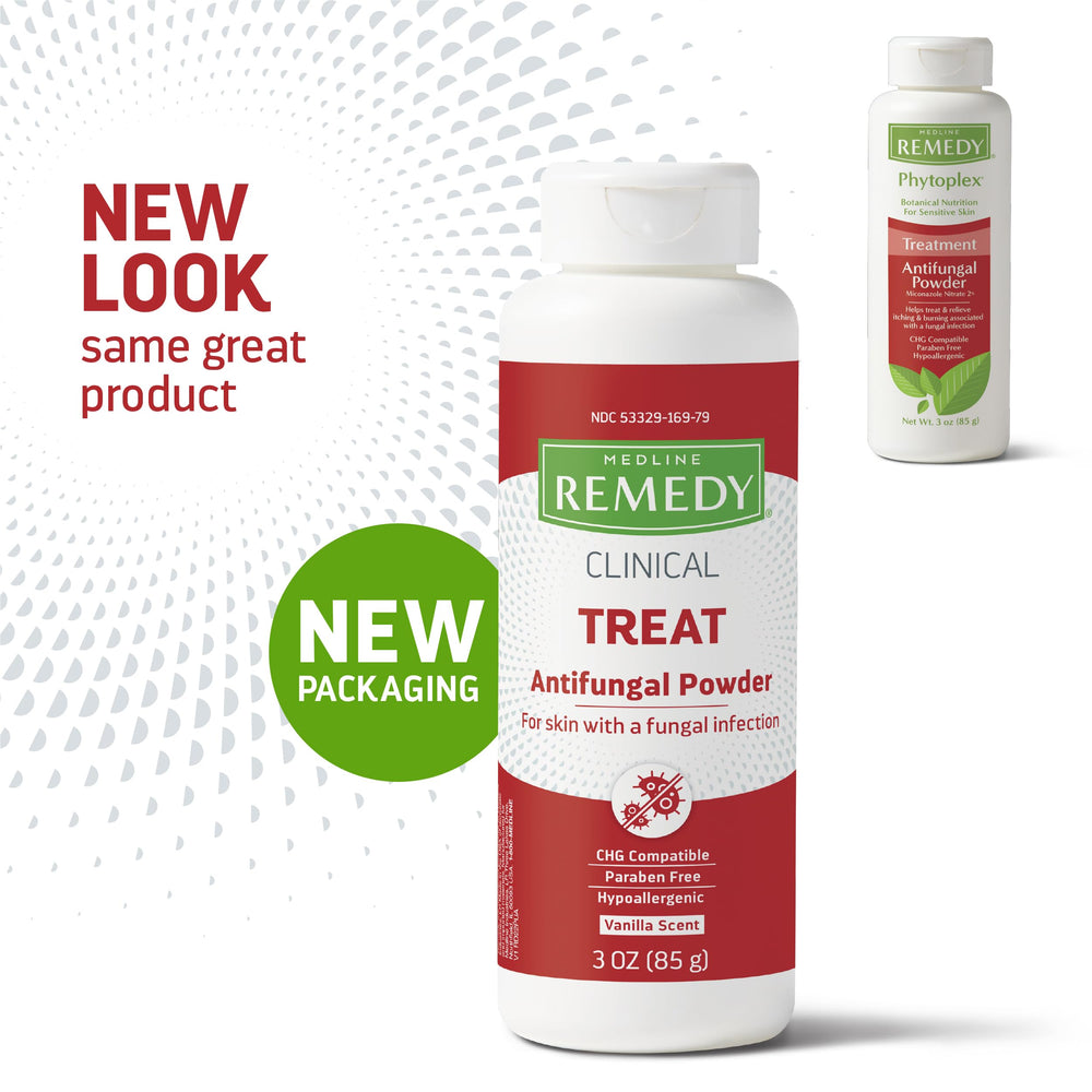 Medline Remedy vanilla aroma powder bottle highlights refreshing scent during routine foot care