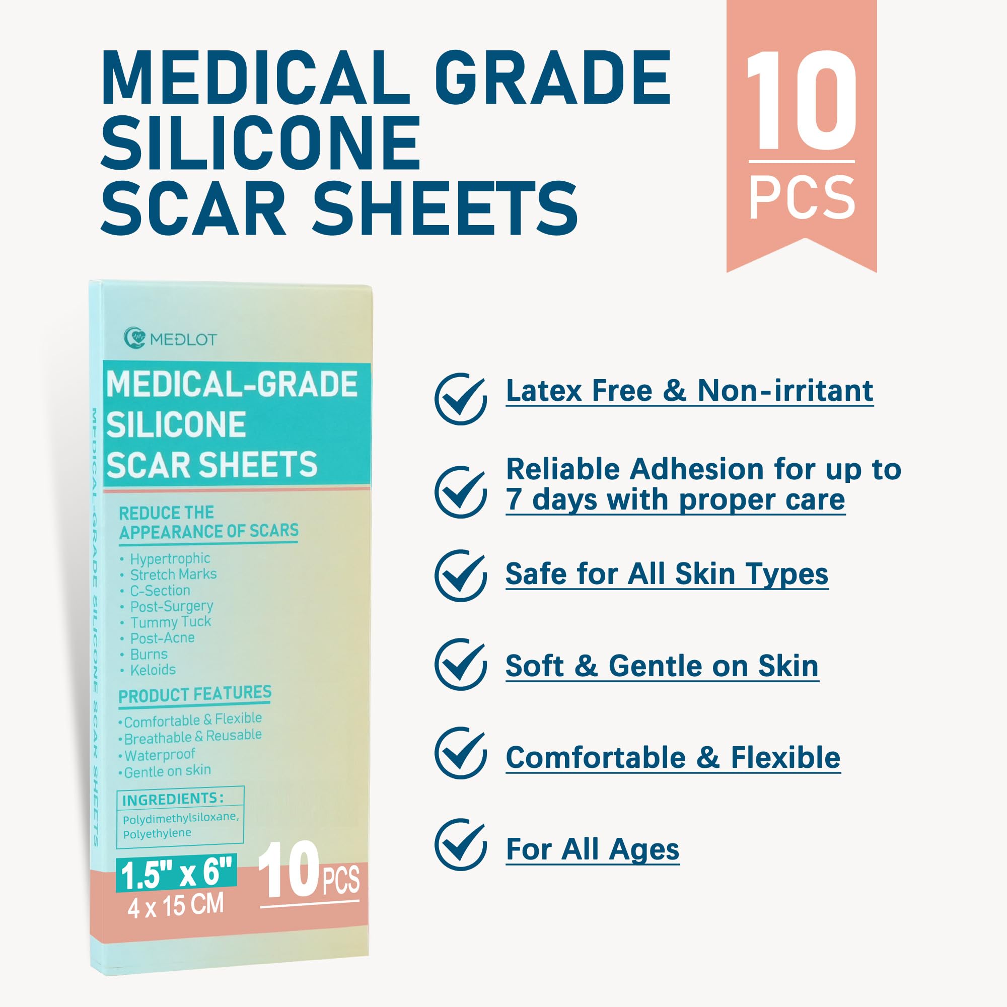 MEDLOT scar sheets close-up highlights breathable silicone for extended wear.