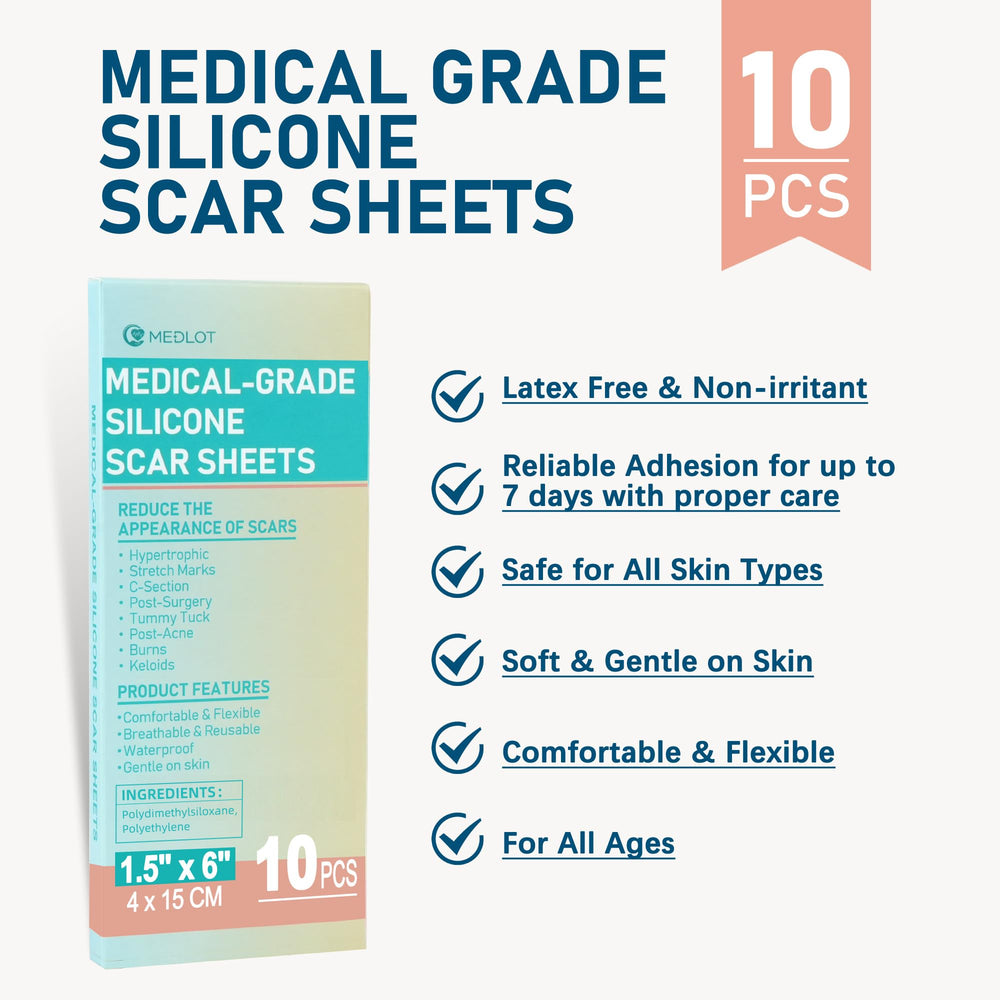 MEDLOT scar sheets close-up highlights breathable silicone for extended wear.