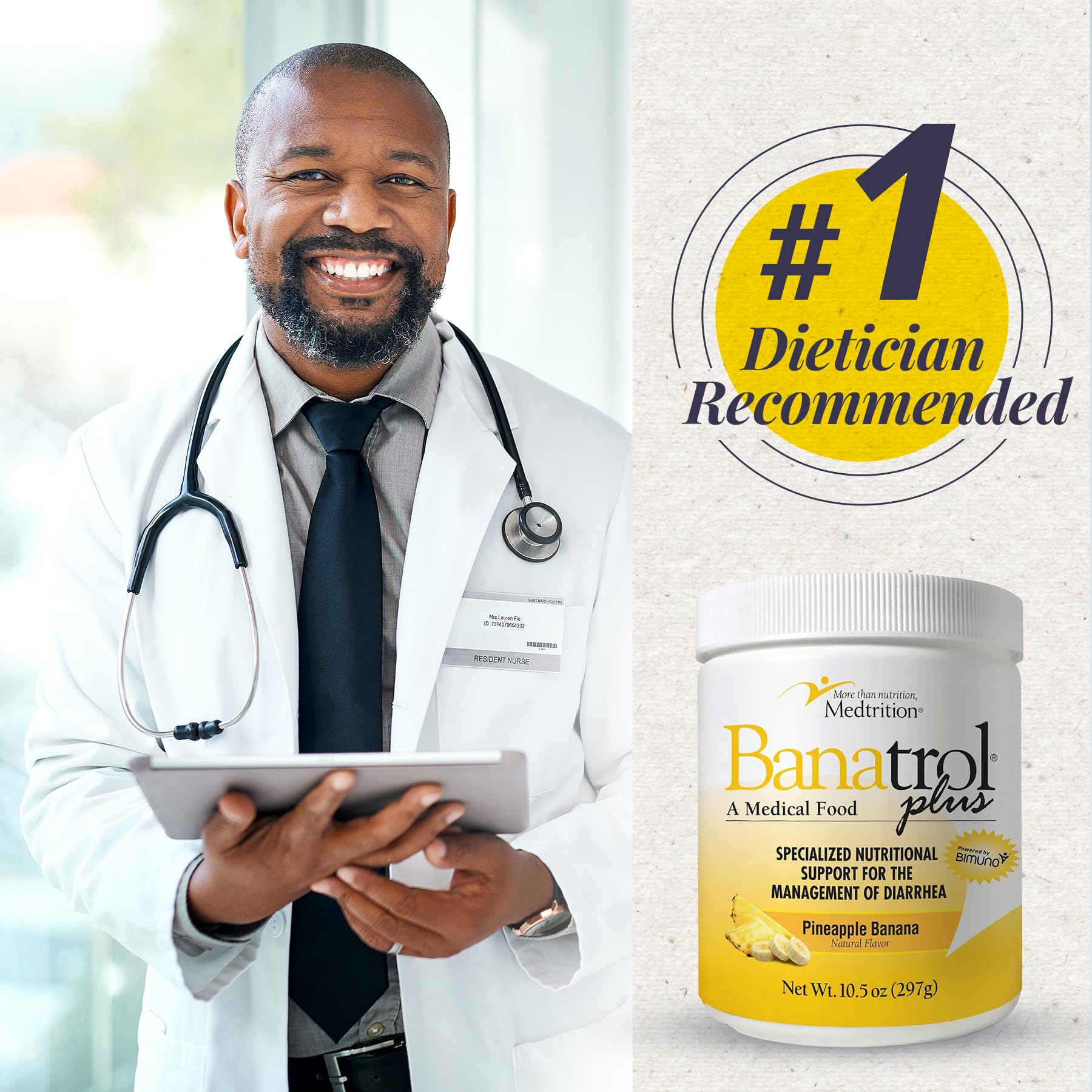 Medtrition Banatrol kids 4+ use illustration suggesting family-friendly option.