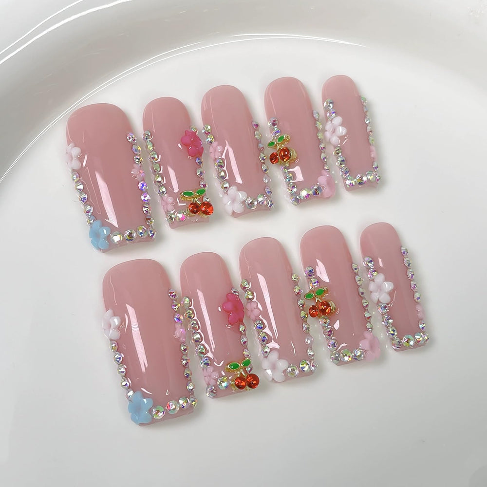 Meemooron long square press-on nails with 3D cherry rhinestones for instant glam