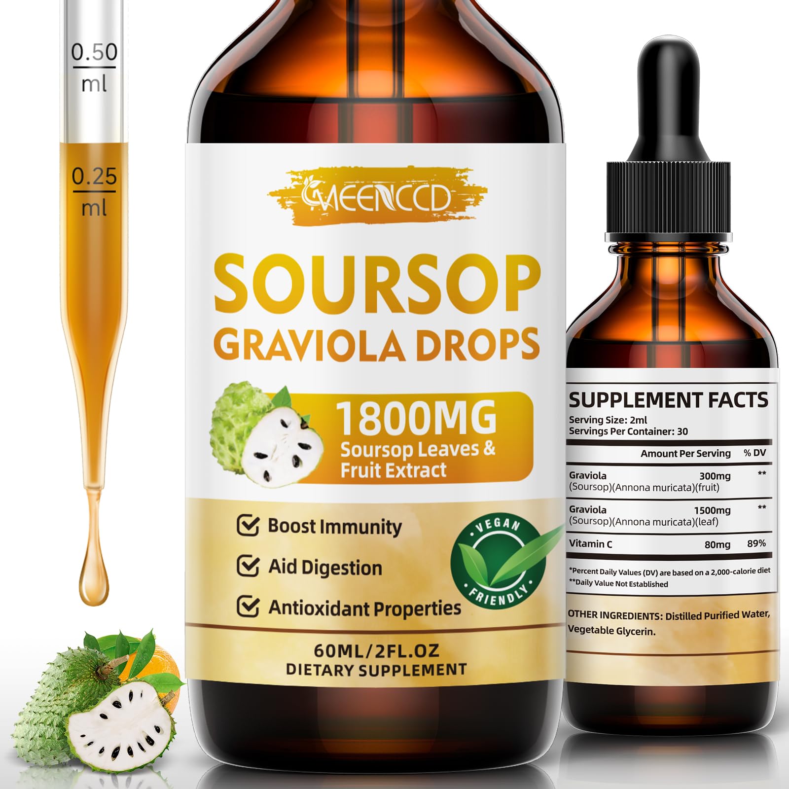 MEENCCD Soursop Graviola Liquid Drops 1800mg bottle with orange flavor, 2 fl oz