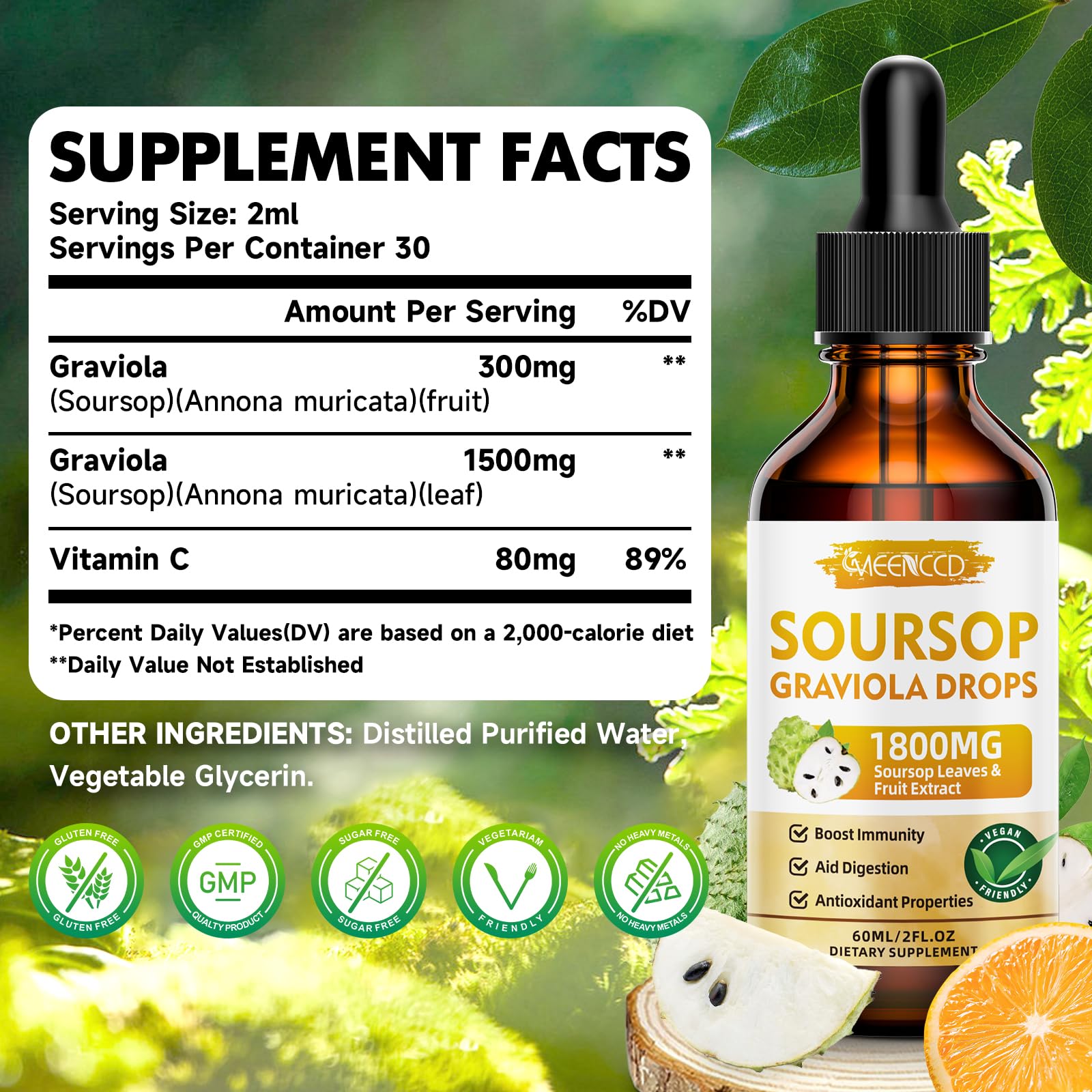 Close-up of MEENCCD Soursop Drops label highlighting vegan, non-GMO, sugar-free