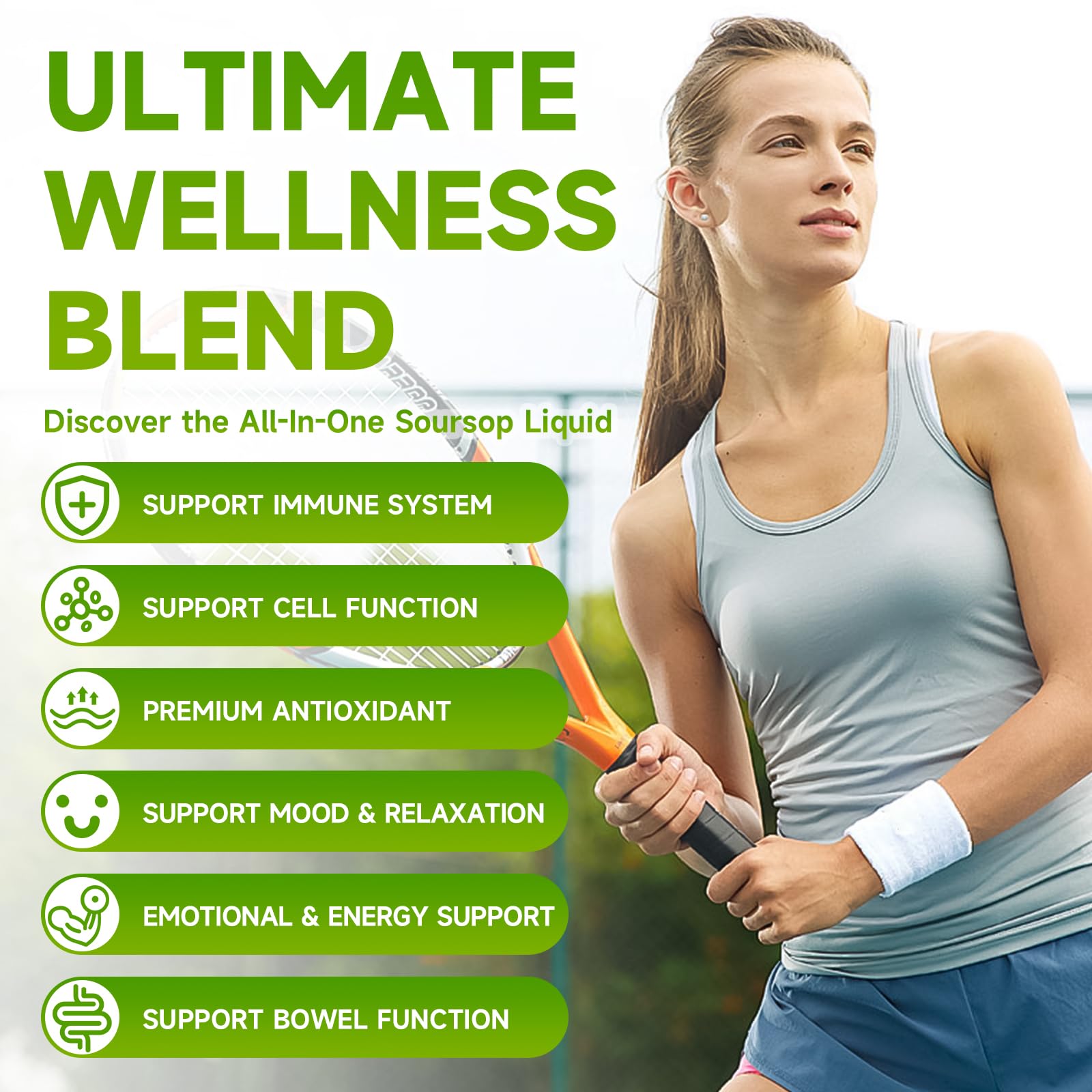 MEENCCD Soursop Drops bottle beside a glass of water