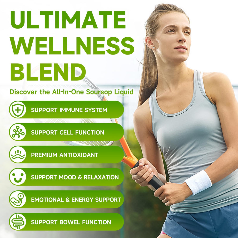 MEENCCD Soursop Drops bottle beside a glass of water