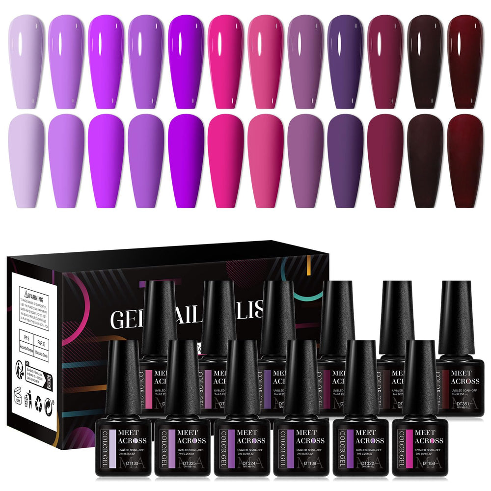 MEET ACROSS 12-piece gel nail polish set with diverse colors for durable at-home manicures.