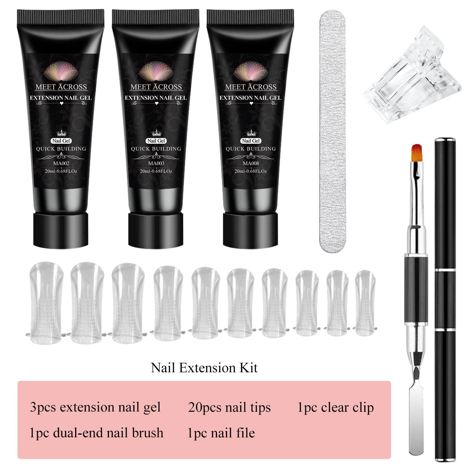Meet Across poly nail gel kit contents: complete DIY starter set.