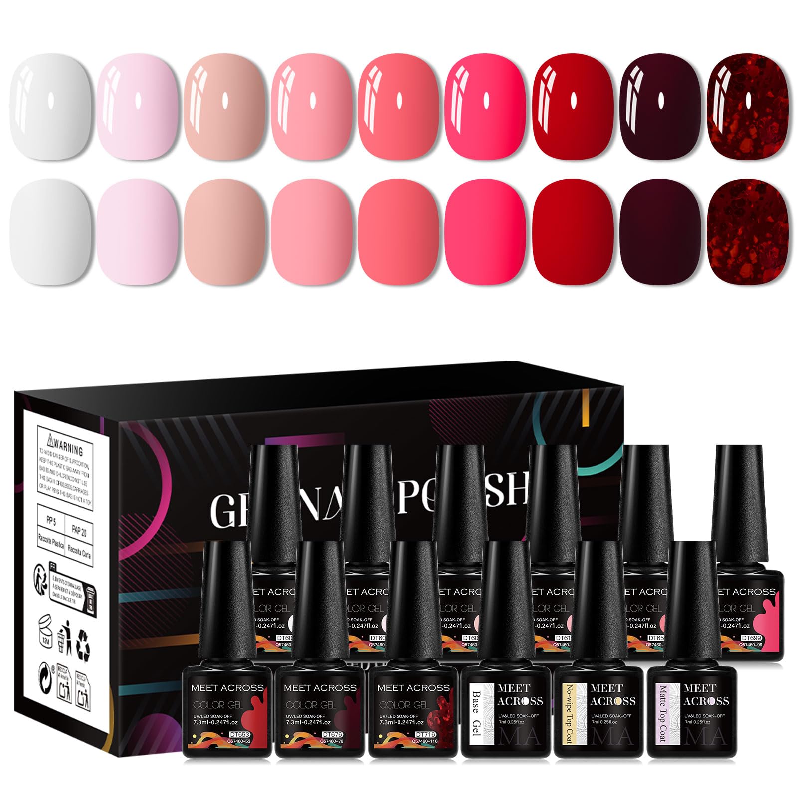 MEET ACROSS 9 colors gel nail polish bottles closeup, vibrant manicure possibilities.
