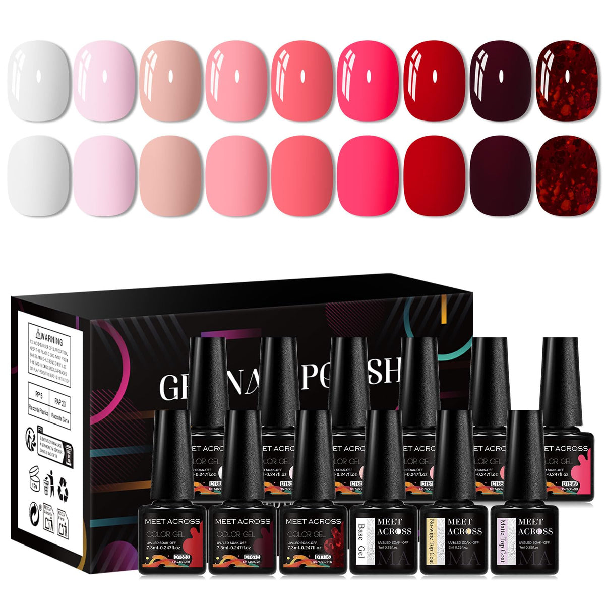 MEET ACROSS 9 colors gel nail polish bottles closeup, vibrant manicure possibilities.