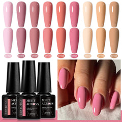 MEET ACROSS gel nail polish bottles close-up with vibrant shades for easy application