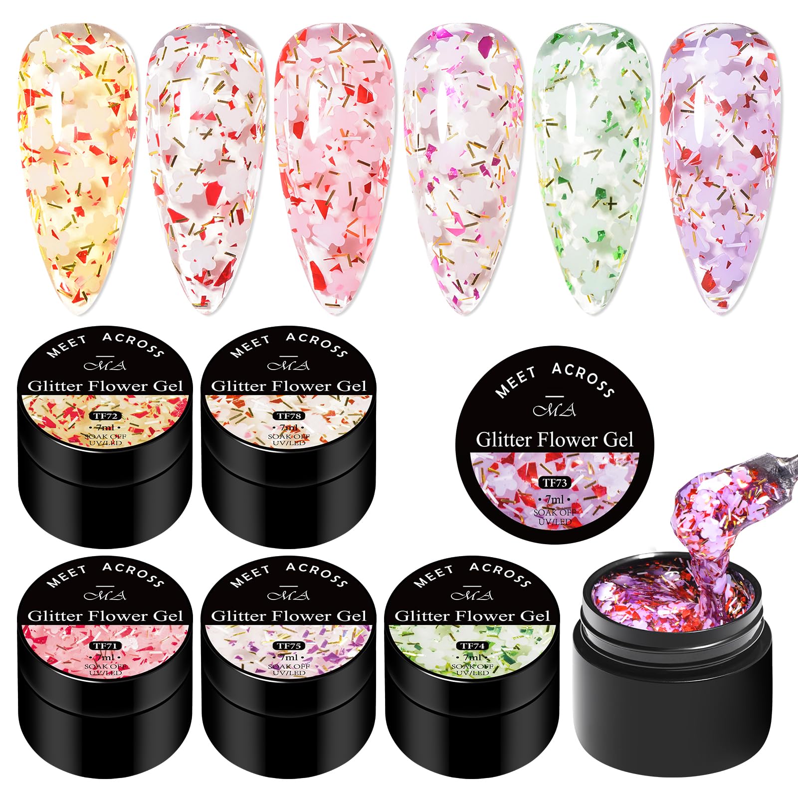 Gift-ready MEET ACROSS glitter flower gel set ideal for celebrations.