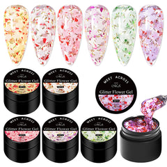 Gift-ready MEET ACROSS glitter flower gel set ideal for celebrations.