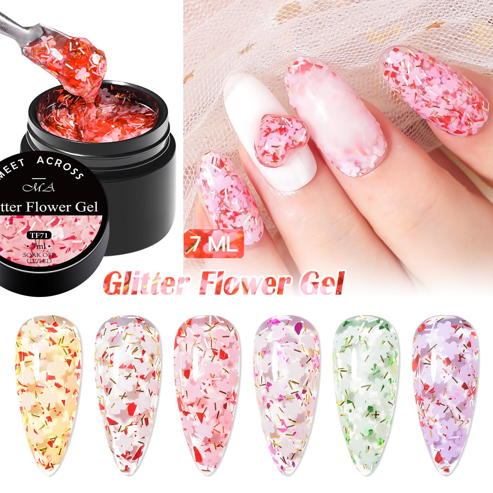 MEET ACROSS Glitter Flower Gel Nail Polish Set bottle closeup with flower embellishments and sequins.