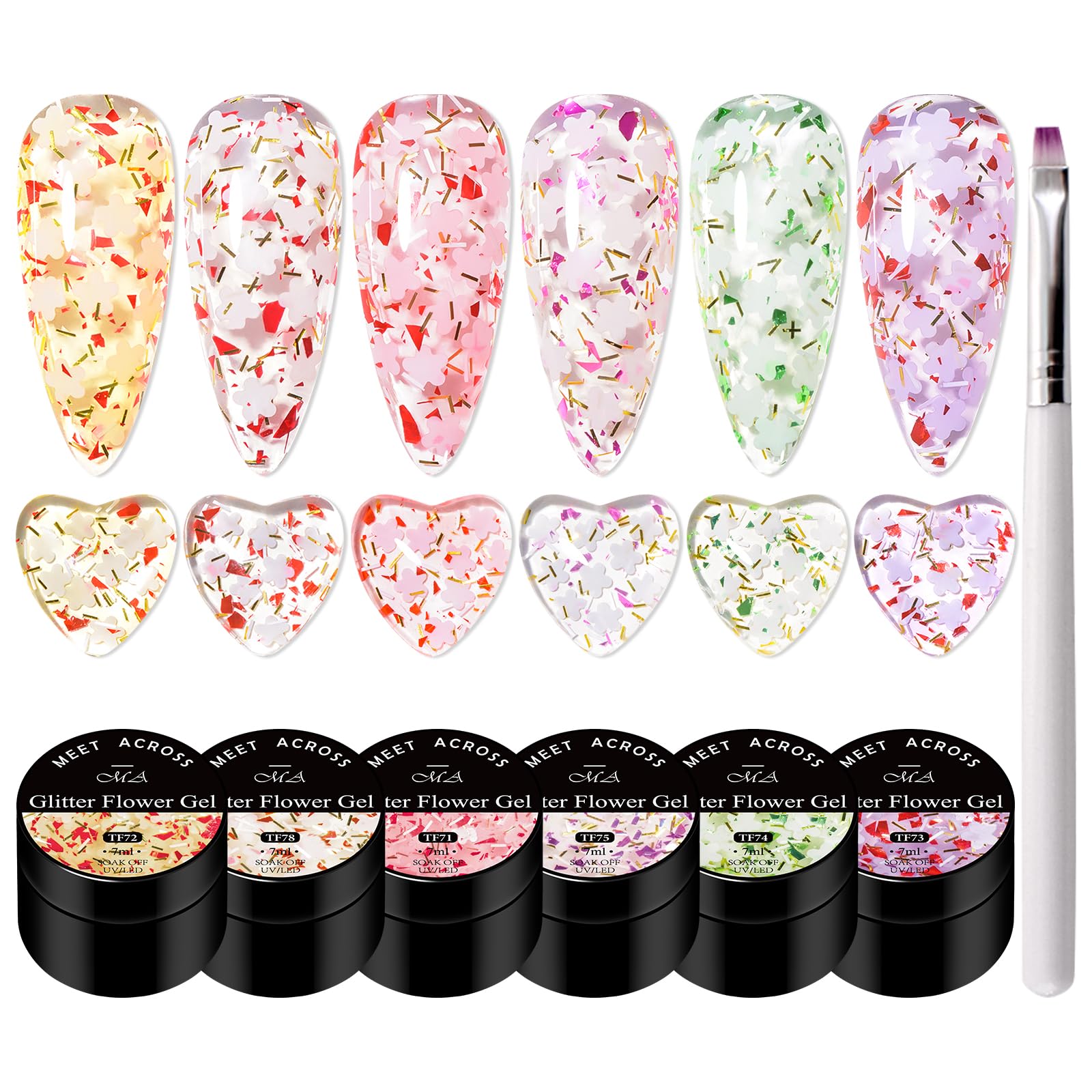MEET ACROSS Glitter Flower Gel Nail Polish Set packaging, a thoughtful gift idea for nail lovers.