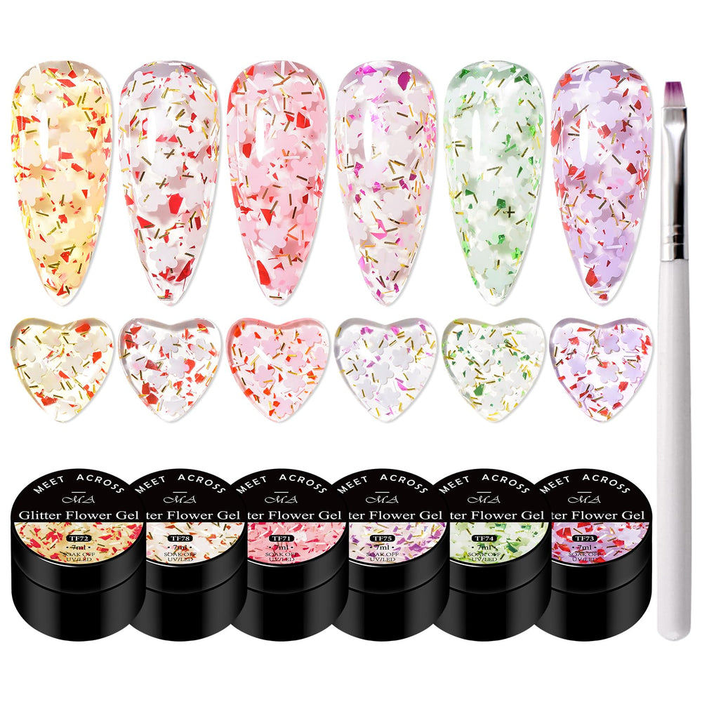 MEET ACROSS Glitter Flower Gel Nail Polish Set packaging, a thoughtful gift idea for nail lovers.