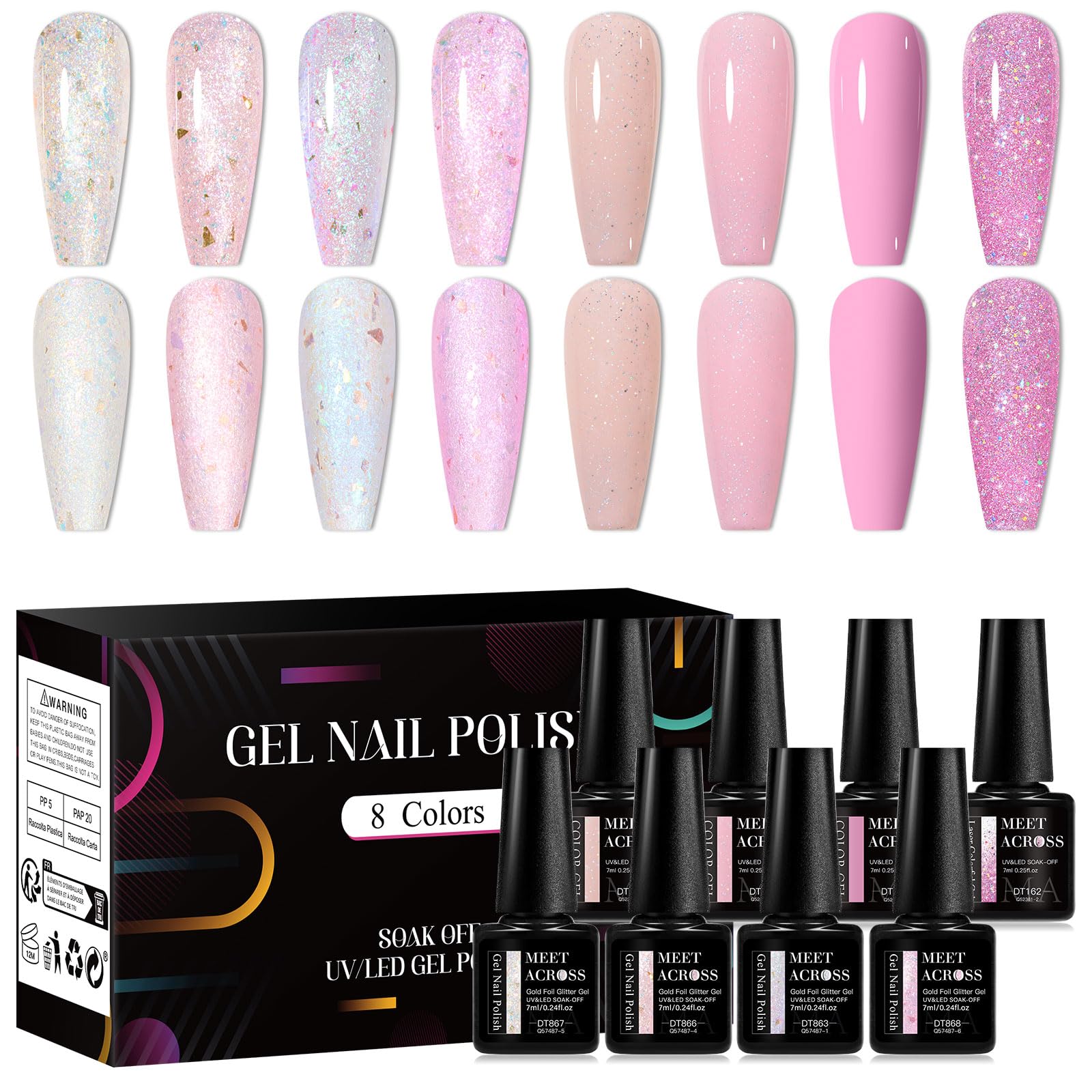 Meet Across glitter sequins gel nail polish set showing eight color options for at home use
