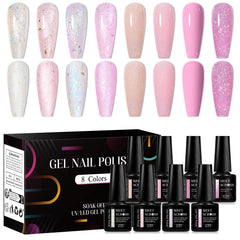 Meet Across glitter sequins gel nail polish set showing eight color options for at home use