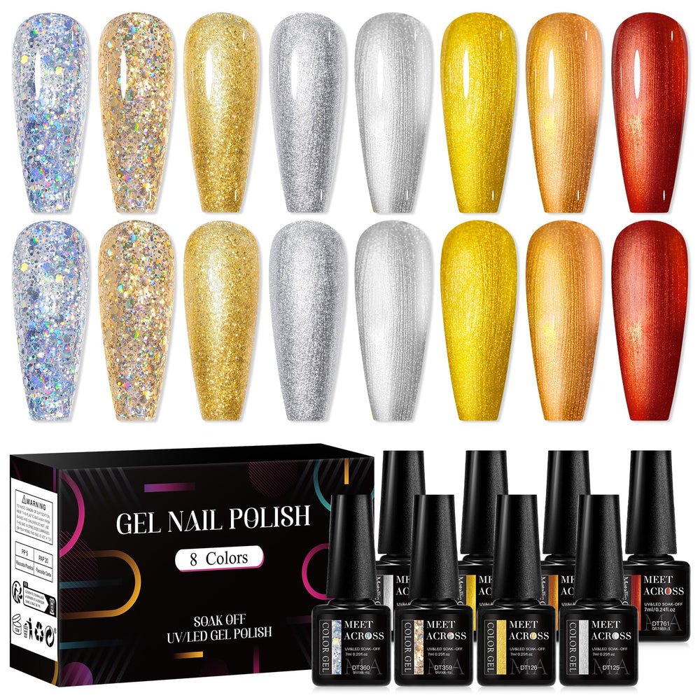 MEET ACROSS metallic nail polish set packaging with eight colors for versatile at-home manicures.