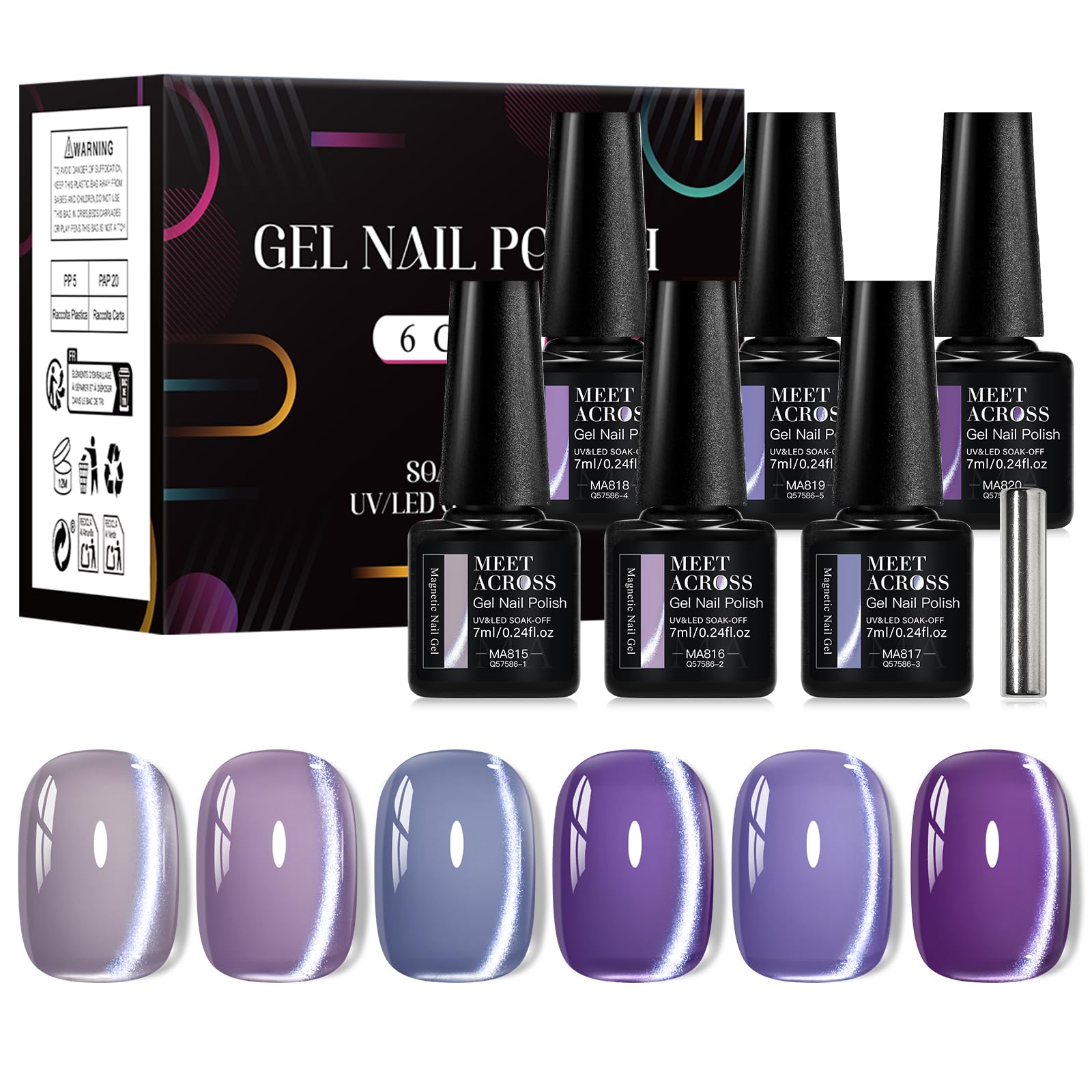 MEET ACROSS Mystic Violet cat eye gel polish with magnet for dazzling color shifts.