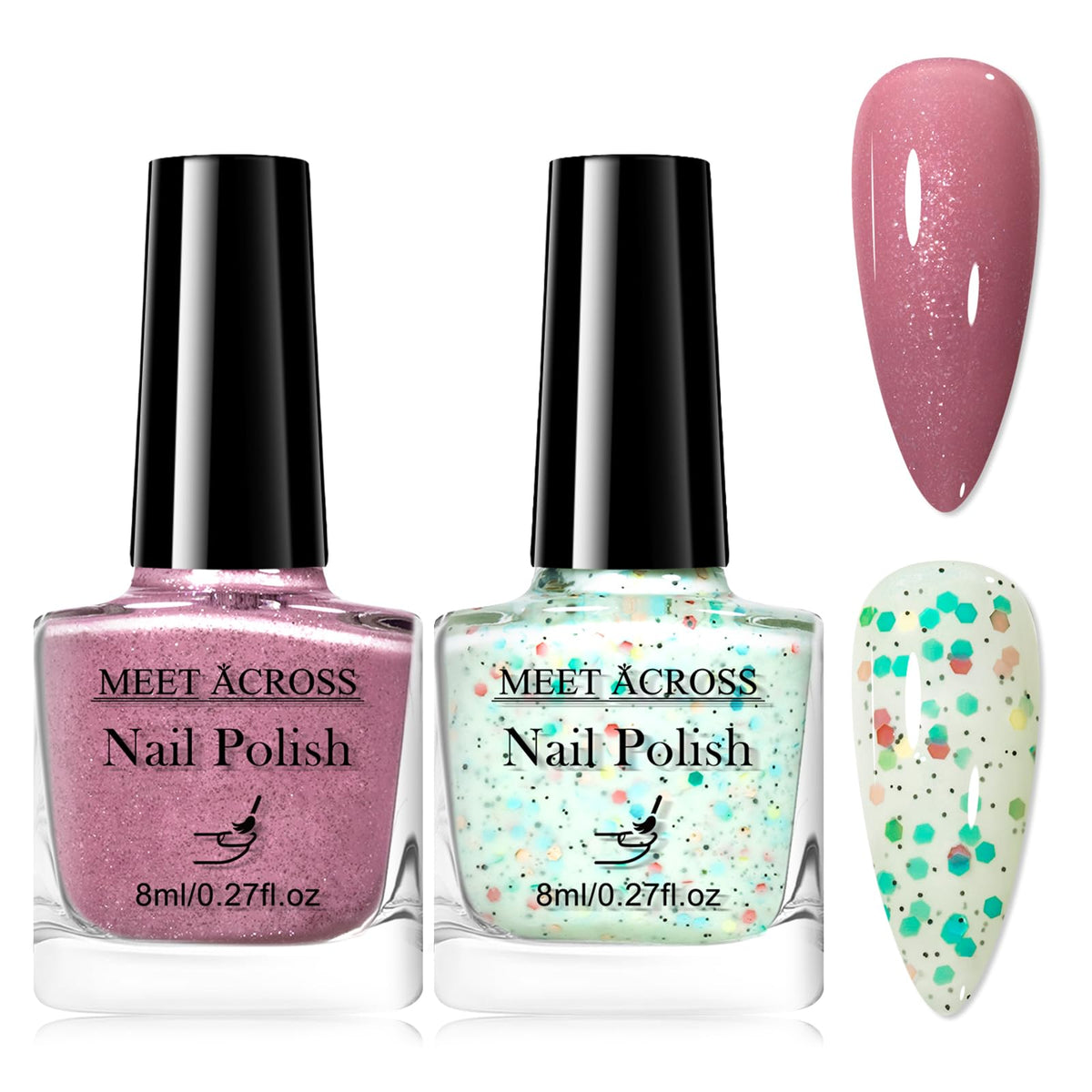 MEET ACROSS nail polish set glitter pink bottle offers vibrant color with quick-drying performance.