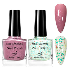 MEET ACROSS nail polish set glitter pink bottle offers vibrant color with quick-drying performance.