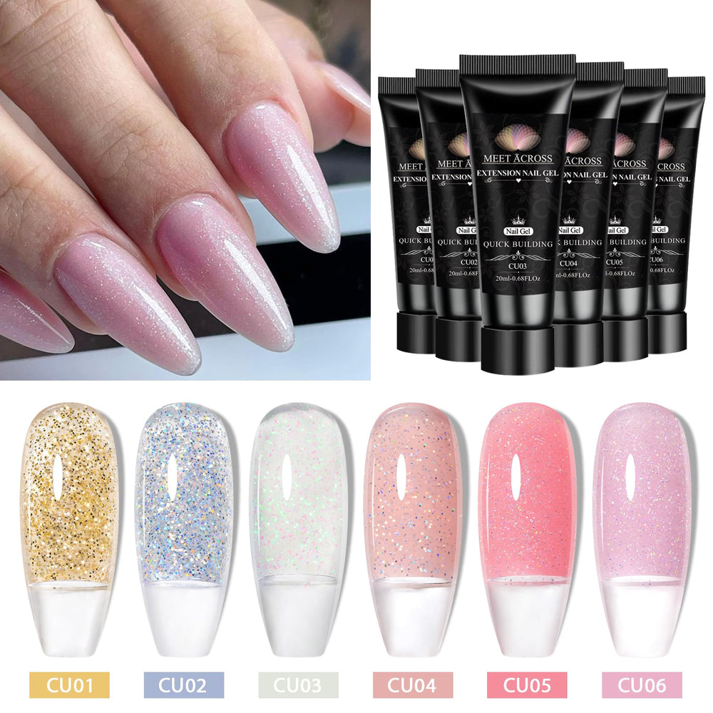 MEET ACROSS Poly Gel Set color swatches displaying six shade options.
