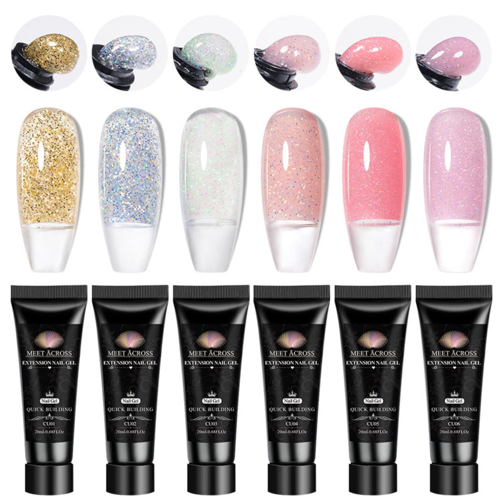 MEET ACROSS Poly Gel Set finished nails with glossy finish.
