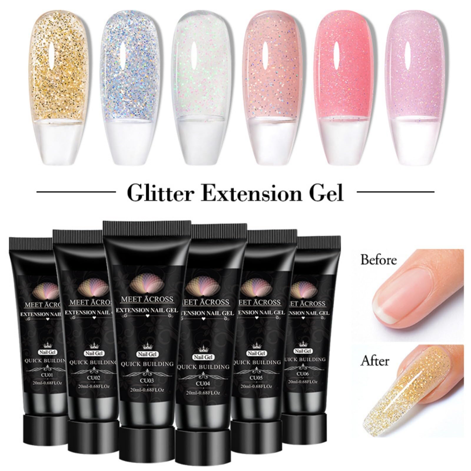 MEET ACROSS Poly Gel Set clear glitter colors for sparkly nails.