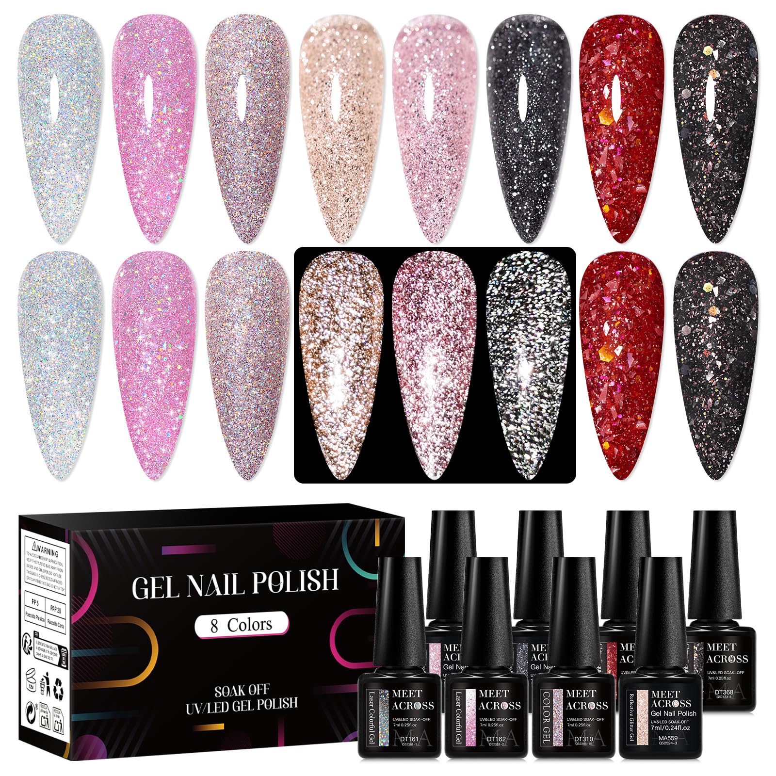 MEET ACROSS reflective glitter gel polish in pink and red for dazzling daylight shine.